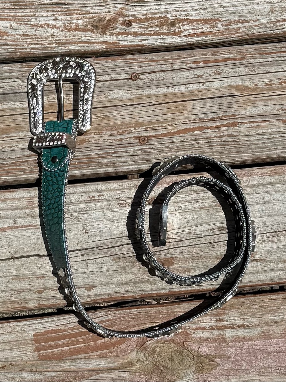 Teal Embossed Leather Western Belt with Crystals